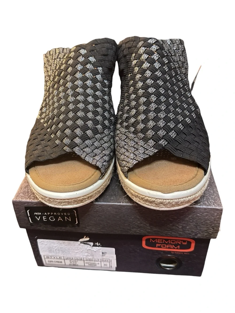 Bernie Mev Espa Cyrene Black Shimmer Espadrille Wedges Size 9 EU 40 NIB